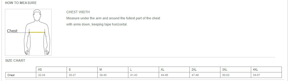 Size chart for OGIO ENDURANCE Radius 1/4 Zip