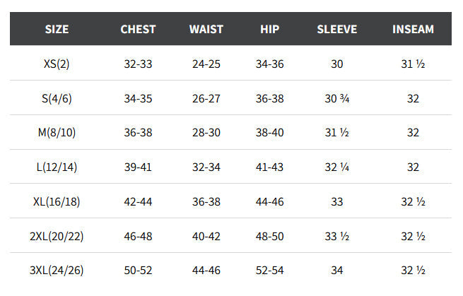 Size chart for Women's Front Runner Vest